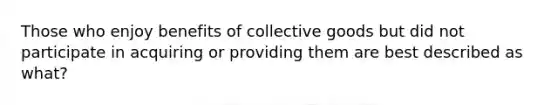 Those who enjoy benefits of collective goods but did not participate in acquiring or providing them are best described as what?