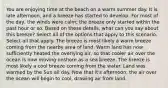 You are enjoying time at the beach on a warm summer day. It is late afternoon, and a breeze has started to develop. For most of the day, the winds were calm; the breeze only started within the past hour or so. Based on these details, what can you say about this breeze? Select all of the options that apply to this scenario. Select all that apply. The breeze is most likely a warm breeze coming from the nearby area of land. Warm land has now sufficiently heated the overlying air, so that cooler air over the ocean is now moving onshore as a sea breeze. The breeze is most likely a cool breeze coming from the water. Land was warmed by the Sun all day. Now that it's afternoon, the air over the ocean will begin to cool, drawing air from land.