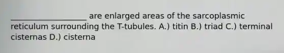 ___________________ are enlarged areas of the sarcoplasmic reticulum surrounding the T-tubules. A.) titin B.) triad C.) terminal cisternas D.) cisterna