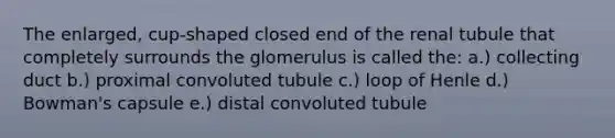 The enlarged, cup-shaped closed end of the renal tubule that completely surrounds the glomerulus is called the: a.) collecting duct b.) proximal convoluted tubule c.) loop of Henle d.) Bowman's capsule e.) distal convoluted tubule