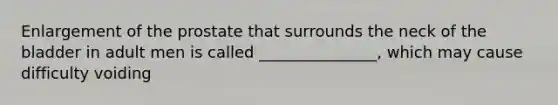 Enlargement of the prostate that surrounds the neck of the bladder in adult men is called _______________, which may cause difficulty voiding