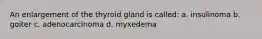 An enlargement of the thyroid gland is called: a. insulinoma b. goiter c. adenocarcinoma d. myxedema