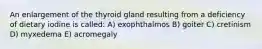 An enlargement of the thyroid gland resulting from a deficiency of dietary iodine is called: A) exophthalmos B) goiter C) cretinism D) myxedema E) acromegaly