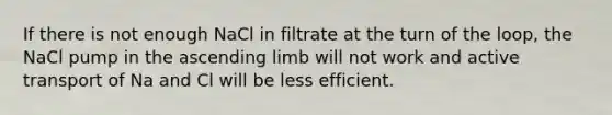 If there is not enough NaCl in filtrate at the turn of the loop, the NaCl pump in the ascending limb will not work and active transport of Na and Cl will be less efficient.