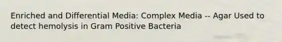 Enriched and Differential Media: Complex Media -- Agar Used to detect hemolysis in Gram Positive Bacteria