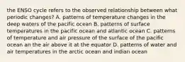 the ENSO cycle refers to the observed relationship between what periodic changes? A. patterns of temperature changes in the deep waters of the pacific ocean B. patterns of surface temperatures in the pacific ocean and atlantic ocean C. patterns of temperature and air pressure of the surface of the pacific ocean an the air above it at the equator D. patterns of water and air temperatures in the arctic ocean and indian ocean