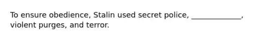 To ensure obedience, Stalin used secret police, _____________, violent purges, and terror.