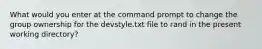 What would you enter at the command prompt to change the group ownership for the devstyle.txt file to rand in the present working directory?