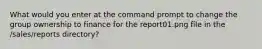 What would you enter at the command prompt to change the group ownership to finance for the report01.png file in the /sales/reports directory?