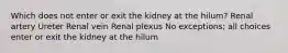 Which does not enter or exit the kidney at the hilum? Renal artery Ureter Renal vein Renal plexus No exceptions; all choices enter or exit the kidney at the hilum