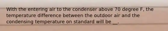 With the entering air to the condenser above 70 degree F, the temperature difference between the outdoor air and the condensing temperature on standard will be __.