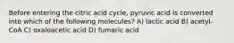 Before entering the citric acid cycle, pyruvic acid is converted into which of the following molecules? A) lactic acid B) acetyl-CoA C) oxaloacetic acid D) fumaric acid