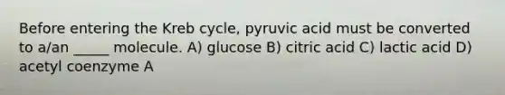 Before entering the Kreb cycle, pyruvic acid must be converted to a/an _____ molecule. A) glucose B) citric acid C) lactic acid D) acetyl coenzyme A