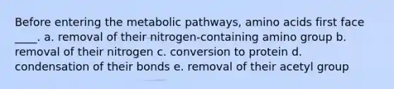 Before entering the metabolic pathways, <a href='https://www.questionai.com/knowledge/k9gb720LCl-amino-acids' class='anchor-knowledge'>amino acids</a> first face ____. a. removal of their nitrogen-containing amino group b. removal of their nitrogen c. conversion to protein d. condensation of their bonds e. removal of their acetyl group