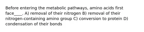 Before entering the metabolic pathways, amino acids first face____. A) removal of their nitrogen B) removal of their nitrogen-containing amino group C) conversion to protein D) condensation of their bonds