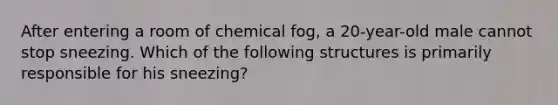 After entering a room of chemical fog, a 20-year-old male cannot stop sneezing. Which of the following structures is primarily responsible for his sneezing?