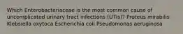 Which Enterobacteriaceae is the most common cause of uncomplicated urinary tract infections (UTIs)? Proteus mirabilis Klebsiella oxytoca Escherichia coli Pseudomonas aeruginosa