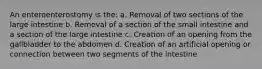 An enteroenterostomy is the: a. Removal of two sections of the large intestine b. Removal of a section of the small intestine and a section of the large intestine c. Creation of an opening from the gallbladder to the abdomen d. Creation of an artificial opening or connection between two segments of the intestine