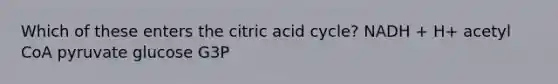 Which of these enters the citric acid cycle? NADH + H+ acetyl CoA pyruvate glucose G3P