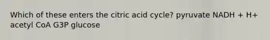 Which of these enters the citric acid cycle? pyruvate NADH + H+ acetyl CoA G3P glucose