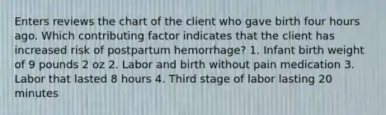 Enters reviews the chart of the client who gave birth four hours ago. Which contributing factor indicates that the client has increased risk of postpartum hemorrhage? 1. Infant birth weight of 9 pounds 2 oz 2. Labor and birth without pain medication 3. Labor that lasted 8 hours 4. Third stage of labor lasting 20 minutes