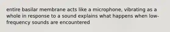 entire basilar membrane acts like a microphone, vibrating as a whole in response to a sound explains what happens when low-frequency sounds are encountered