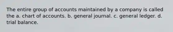 The entire group of accounts maintained by a company is called the a. chart of accounts. b. general journal. c. general ledger. d. trial balance.