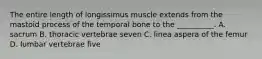 The entire length of longissimus muscle extends from the mastoid process of the temporal bone to the __________. A. sacrum B. thoracic vertebrae seven C. linea aspera of the femur D. lumbar vertebrae five