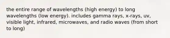 the entire range of wavelengths (high energy) to long wavelengths (low energy). includes gamma rays, x-rays, uv, visible light, infrared, microwaves, and radio waves (from short to long)