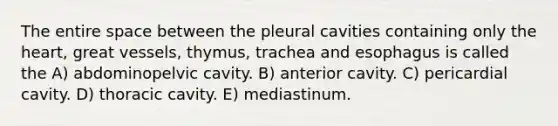 The entire space between the pleural cavities containing only <a href='https://www.questionai.com/knowledge/kya8ocqc6o-the-heart' class='anchor-knowledge'>the heart</a>, great vessels, thymus, trachea and esophagus is called the A) abdominopelvic cavity. B) anterior cavity. C) pericardial cavity. D) thoracic cavity. E) mediastinum.