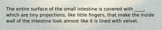 The entire surface of <a href='https://www.questionai.com/knowledge/kt623fh5xn-the-small-intestine' class='anchor-knowledge'>the small intestine</a> is covered with ____, which are tiny projections, like little fingers, that make the inside wall of the intestine look almost like it is lined with velvet.