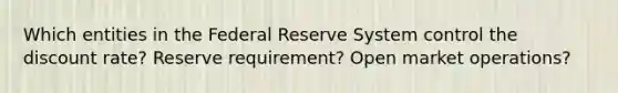 Which entities in the Federal Reserve System control the discount rate? Reserve requirement? Open market operations?