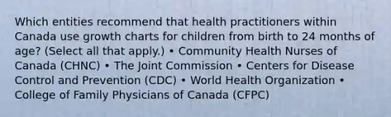 Which entities recommend that health practitioners within Canada use growth charts for children from birth to 24 months of age? (Select all that apply.) • Community Health Nurses of Canada (CHNC) • The Joint Commission • Centers for Disease Control and Prevention (CDC) • World Health Organization • College of Family Physicians of Canada (CFPC)