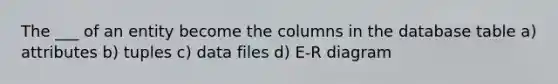 The ___ of an entity become the columns in the database table a) attributes b) tuples c) data files d) E-R diagram