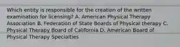 Which entity is responsible for the creation of the written examination for licensing? A. American Physical Therapy Association B. Federation of State Boards of Physical therapy C. Physical Therapy Board of California D. American Board of Physical Therapy Specialties