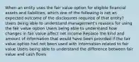 When an entity uses the fair value option for eligible financial assets and liabilities, which one of the following is not an expected outcome of the disclosures required of that entity? Users being able to understand management's reasons for using the fair value option Users being able to understand how changes in fair value affect net income Replace the kind and amount of information that would have been provided if the fair value option had not been used with information related to fair value Users being able to understand the difference between fair value and cash flows