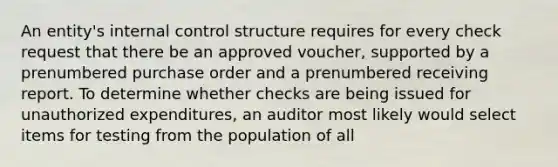 An entity's internal control structure requires for every check request that there be an approved voucher, supported by a prenumbered purchase order and a prenumbered receiving report. To determine whether checks are being issued for unauthorized expenditures, an auditor most likely would select items for testing from the population of all