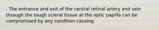 . The entrance and exit of the central retinal artery and vein through the tough scleral tissue at the optic papilla can be compromised by any condition causing