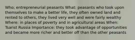 Who; entrepreneurial peasants What: peasants who took upon themselves to make a better life, they often owned land and rented to others, they lived very well and were fairly wealthy Where: in places of poverty and in agricultural areas When: Tsarist Russia Importance: they took advantage of opportunities and became more richer and better off than the other peasants