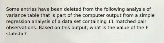 Some entries have been deleted from the following analysis of variance table that is part of the computer output from a simple regression analysis of a data set containing 11 matched-pair observations. Based on this output, what is the value of the F statistic?