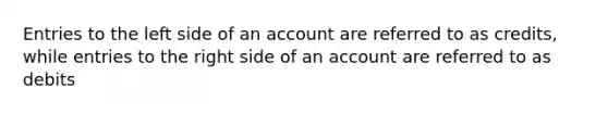 Entries to the left side of an account are referred to as credits, while entries to the right side of an account are referred to as debits