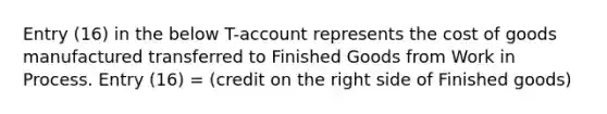 Entry (16) in the below T-account represents the cost of goods manufactured transferred to Finished Goods from Work in Process. Entry (16) = (credit on the right side of Finished goods)