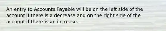 An entry to <a href='https://www.questionai.com/knowledge/kWc3IVgYEK-accounts-payable' class='anchor-knowledge'>accounts payable</a> will be on the left side of the account if there is a decrease and on the right side of the account if there is an increase.