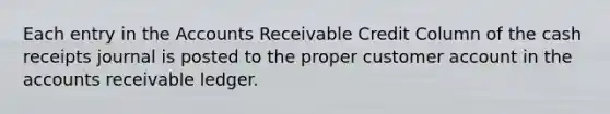 Each entry in the Accounts Receivable Credit Column of the cash receipts journal is posted to the proper customer account in the accounts receivable ledger.