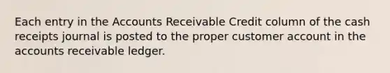 Each entry in the Accounts Receivable Credit column of the cash receipts journal is posted to the proper customer account in the accounts receivable ledger.