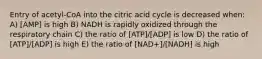 Entry of acetyl-CoA into the citric acid cycle is decreased when: A) [AMP] is high B) NADH is rapidly oxidized through the respiratory chain C) the ratio of [ATP]/[ADP] is low D) the ratio of [ATP]/[ADP] is high E) the ratio of [NAD+]/[NADH] is high