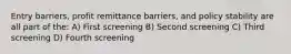 Entry barriers, profit remittance barriers, and policy stability are all part of the: A) First screening B) Second screening C) Third screening D) Fourth screening