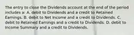 The entry to close the Dividends account at the end of the period includes a: A. debit to Dividends and a credit to Retained Earnings. B. debit to Net Income and a credit to Dividends. C. debit to Retained Earnings and a credit to Dividends. D. debit to Income Summary and a credit to Dividends.