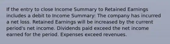 If the entry to close Income Summary to Retained Earnings includes a debit to Income Summary: The company has incurred a net loss. Retained Earnings will be increased by the current period's net income. Dividends paid exceed the net income earned for the period. Expenses exceed revenues.