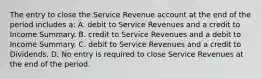 The entry to close the Service Revenue account at the end of the period includes a: A. debit to Service Revenues and a credit to Income Summary. B. credit to Service Revenues and a debit to Income Summary. C. debit to Service Revenues and a credit to Dividends. D. No entry is required to close Service Revenues at the end of the period.